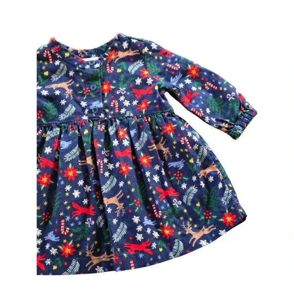 Hanna Andersson Flannel Christmas Dress 6-12 Months Reindeer Poinsettia Holiday - Picture 3 of 8